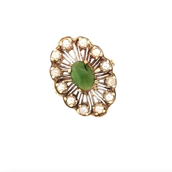 Vintage 14K Gold, Pearl & Jade Cabachon Cocktail Ring - Picture 3 of 6